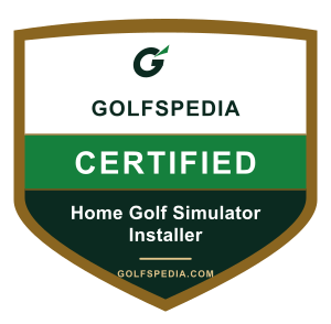 The Golfspedia Certified Installer badge: a gold shield reading Golfspedia, Certified, Home Golf Simulator Installer.